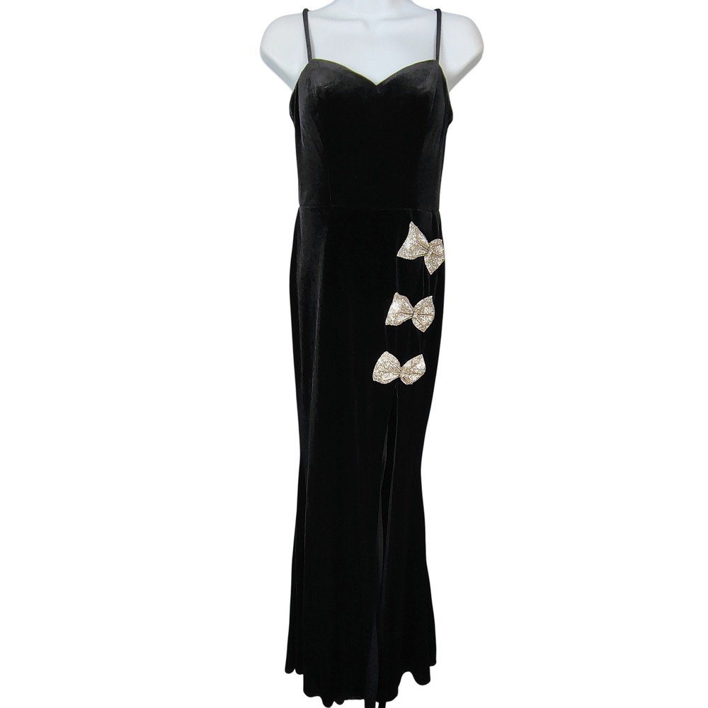 City Vibe Black Velvet Rhinestone Bow‎ Side Slit Maxi Dress Size 3 Romantic